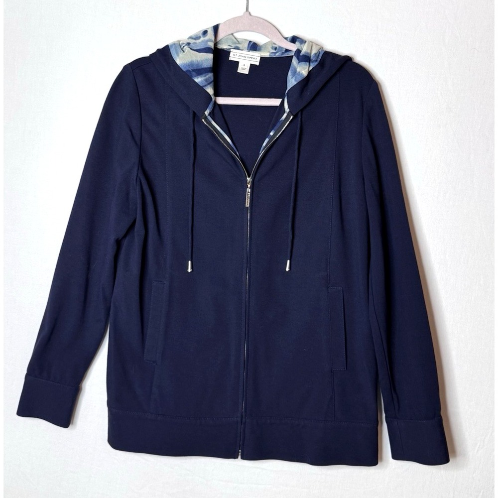 St John Sport Jacket Hoodie Sz S Navy Zip Print Hood Classic Money Preppy Sporty